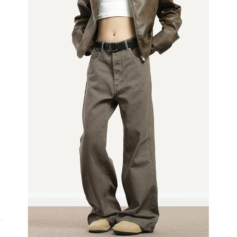 Vintage Brown Jeans Women Japanese Style Retro High Waist Mopping Denim Trousers Loose Straight Leg Trouser 261016