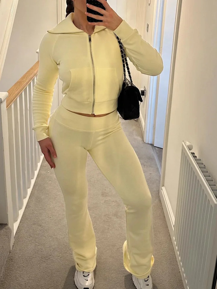 Casual Two Piece Flare Pants Set Women Solid Crop Zipper Hoodie Sweatshirt And High Waist Wide Leg Sweatpants 2 Piece Outfits 261016