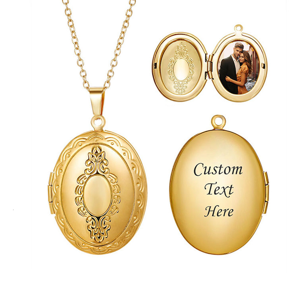 316L mirror-polished stainless steel plasma polished DIY couple's oval photo box pendant 18K real gold plated necklace