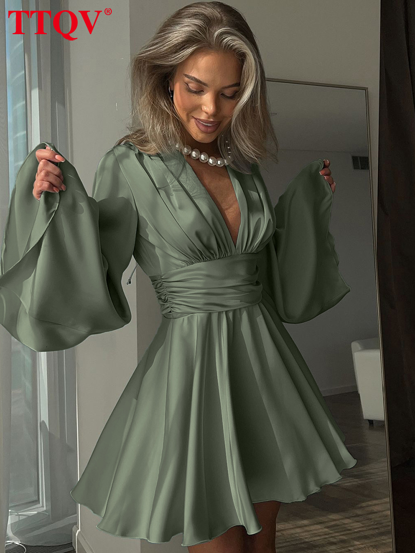 Fashion Loose Green Satin Women 2026 Sexy V-Neck Long Sleeve Mini Dresses Elegant Classic High Waist Female Dress
