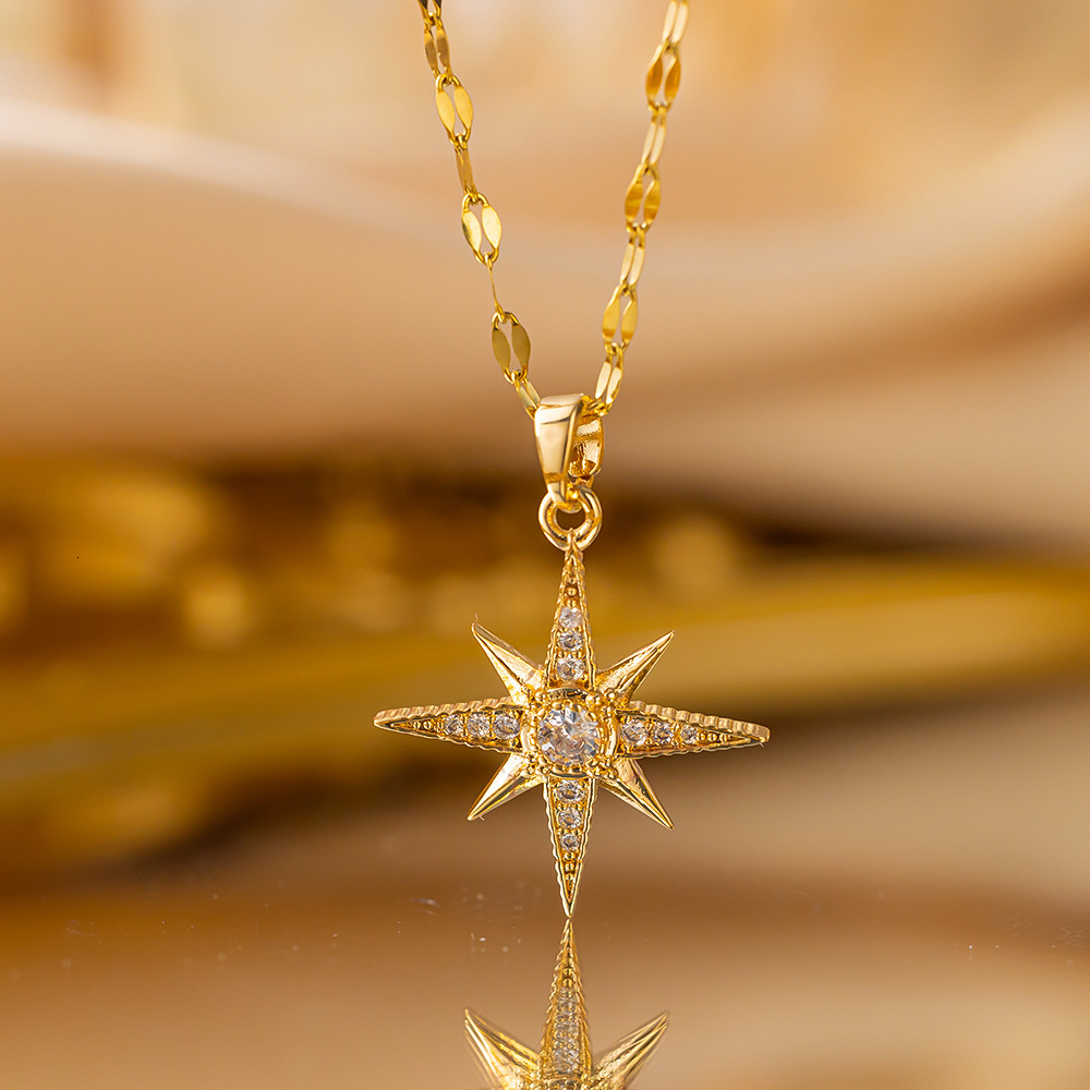 French Style Light Luxury High-End Hexagram Titanium Steel Necklace For Women Versatile Micro-Inlaid Clavicle Chain Eight-Pointed Meteor Elegant Fas