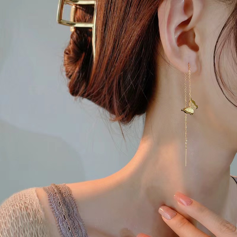 Matte Butterfly Tassel Titanium Steel Ear Thread For Women 18K Gold New Trendy Elegant High-End Light Luxury Simple Non-Fading
