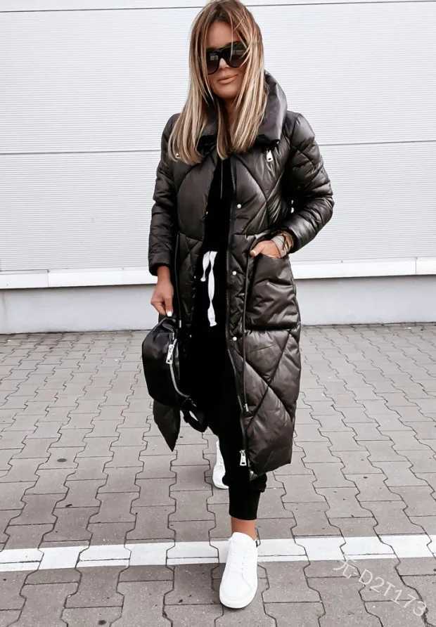Women's Down Parkas European American New Fashion Women's Solid Color Long Sleeve Stand Collar Quilted Coats Female Ankle Length Parkas Cl