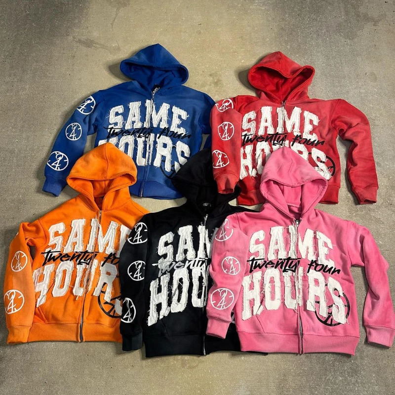 Quick Delivery Y2K Letter Sticker Printed Street HipHop Style Heavyweight Hooded Sweatshirt Cardigan n High Jacket 261017
