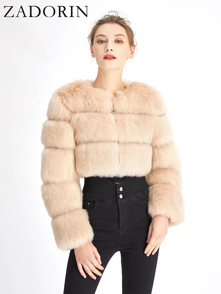 ZADORIN Fashion Woman Crop Top Faux Fox Fur Coat Winter Thick Fluffy Long Sleeve Short Style Slim Furry Fur Jacket Coats 261015