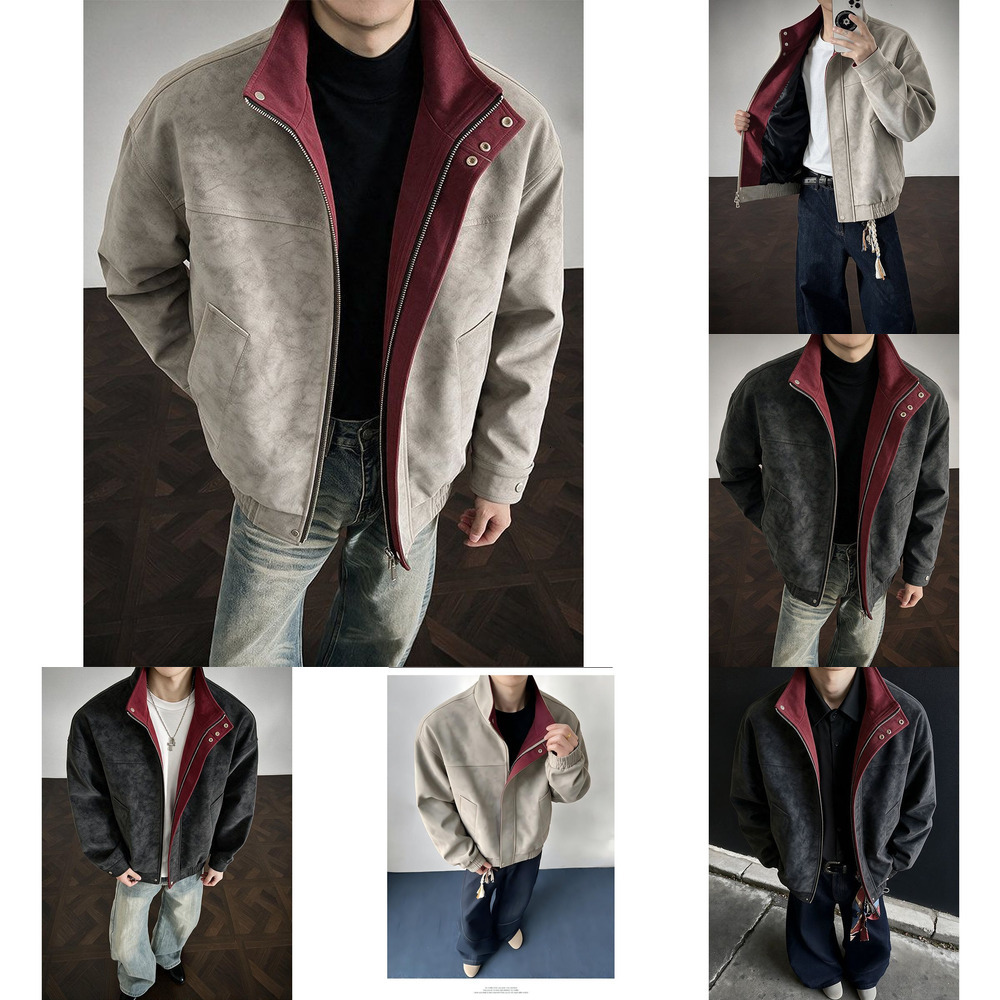 American-style matte tie-dye color-block PU leather jacket, men's autumn/winter stand-up collar Harrington-style tough guy leather coat af