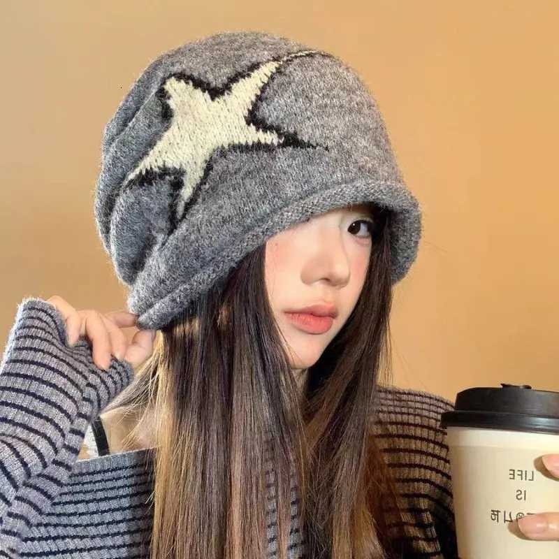 Beanie/Skull Caps Women Y2K FivePoint Star Jacquard Slouchy Beanie Hat Loose Roll Brim Knit Cap Soft Warm Vintage Autumn Winter Casual HeadwearT2610