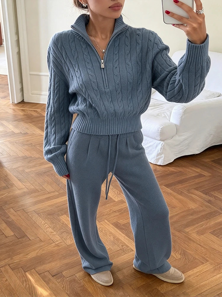 Fashion Solid Cable Knit Womens Set High Neck Long Sleeves Top Straight Pants Loose Chic 2026 Autumn Winter Street Wear 261016