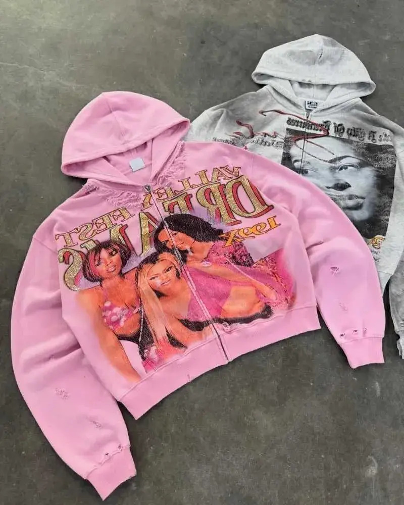 Plus Size Men's Hoodie Hhhh2026 oversized hooded Y2k American Harajuku Retro Cartoon Printed Sweatshirt Men Casual Loose Hip Hop Oversized Zipp