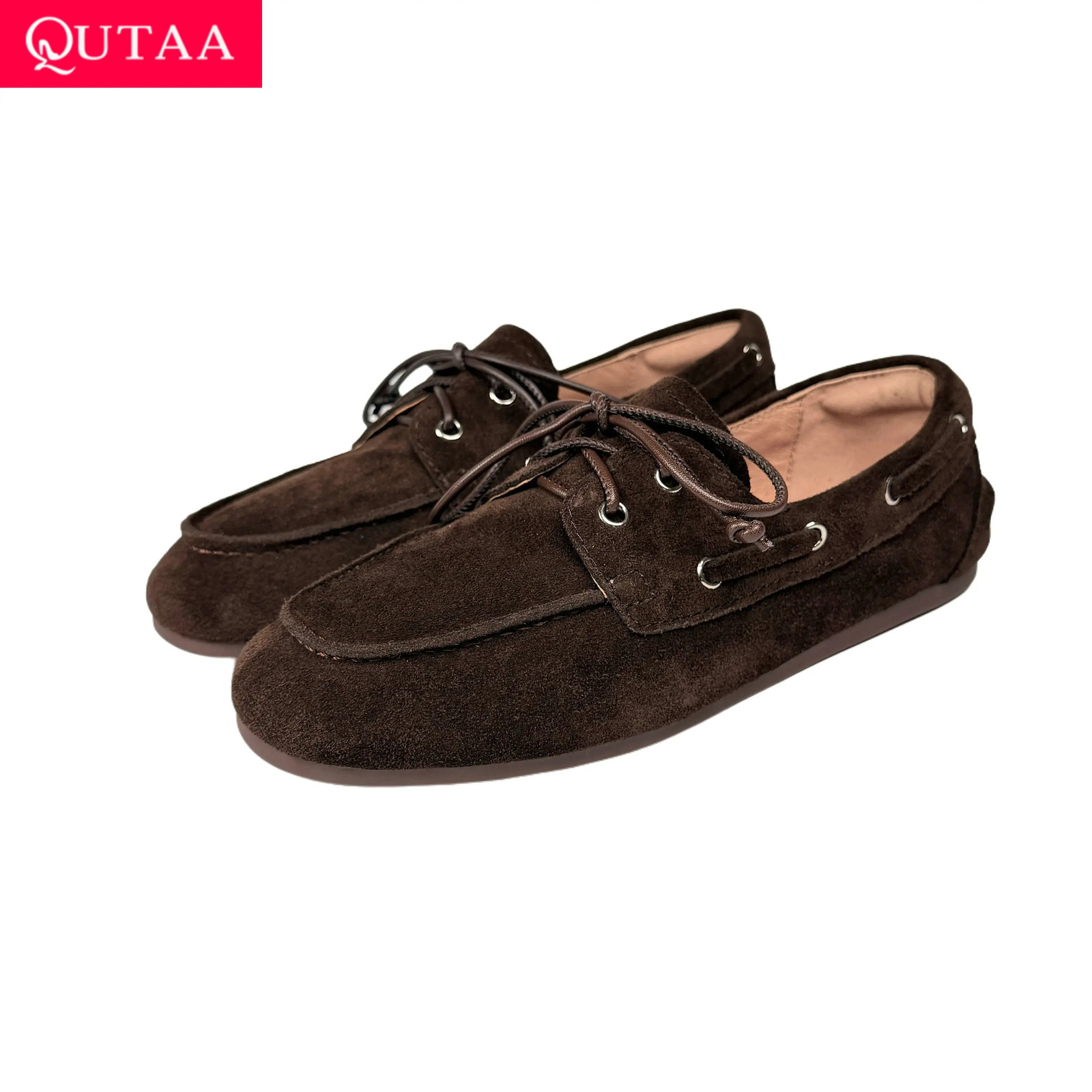 QUTAA s Fashion Cow Suede Women Flats Shoes Woman Spring Lace-up Leather Casual Loafers Shoes Round Toe Ladies Dress 35-43 261017