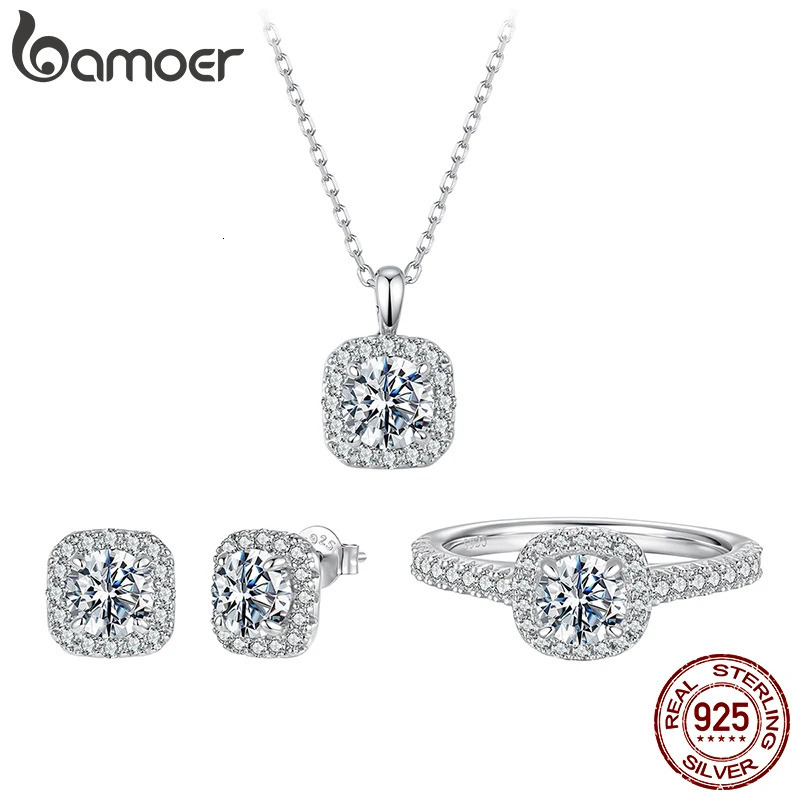 0.5-3.5CT Necklace Stud Earrings 925 Sterling Silver Square Cut Diamond Wedding Engagement Jewelry Set 261008