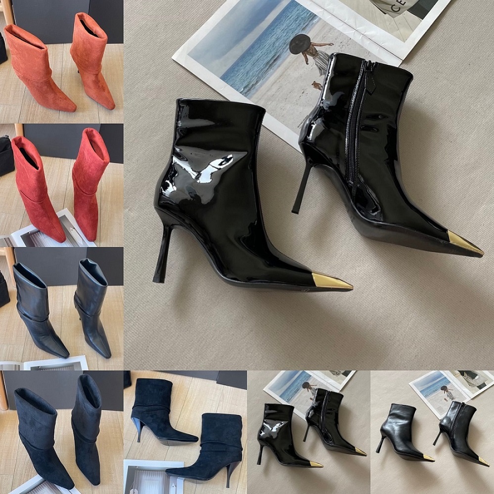 Women Boots Top Brand Designer Bottes Square Toe Patent Leather Suede Lace Up Black Red Orange Thin Heel Winter Warm Outdoor Casual Fashion Platform