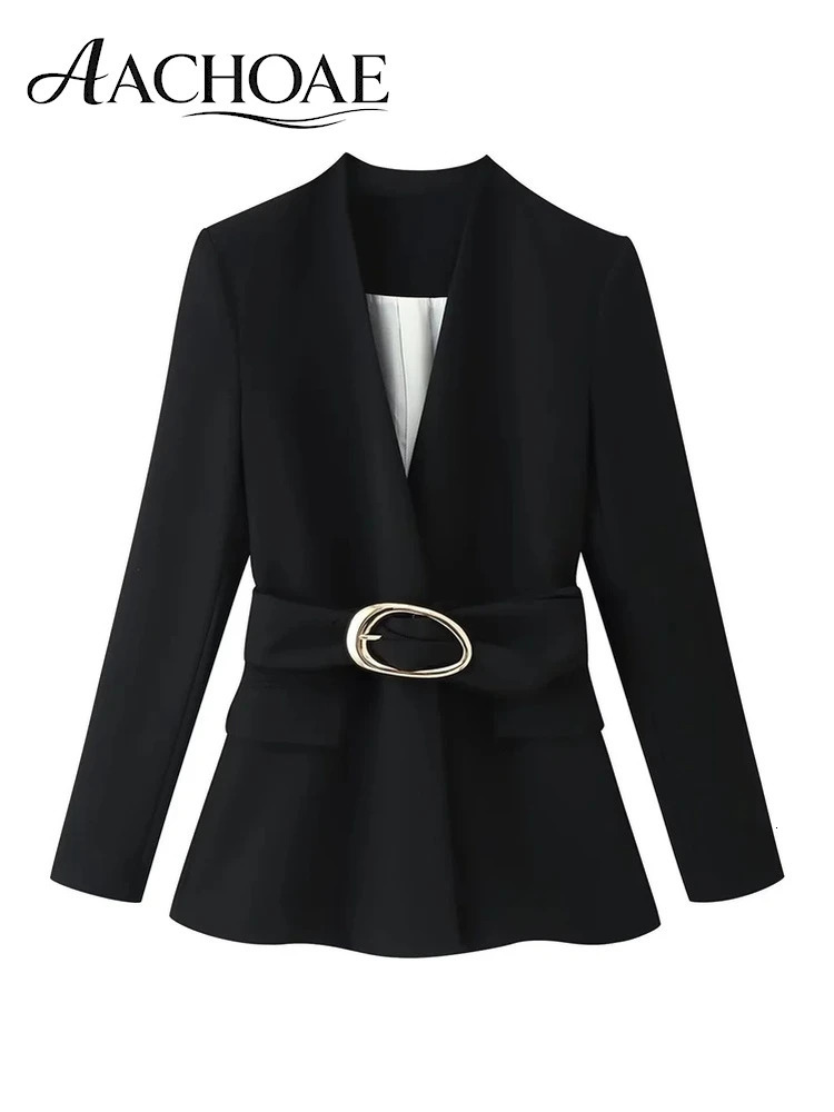 AACHOAE Women Buckle Belt Blazer Collarless Deep V Neck Cinched Waist Suit Jacket Structured Elegant Office Lady Coat 261017