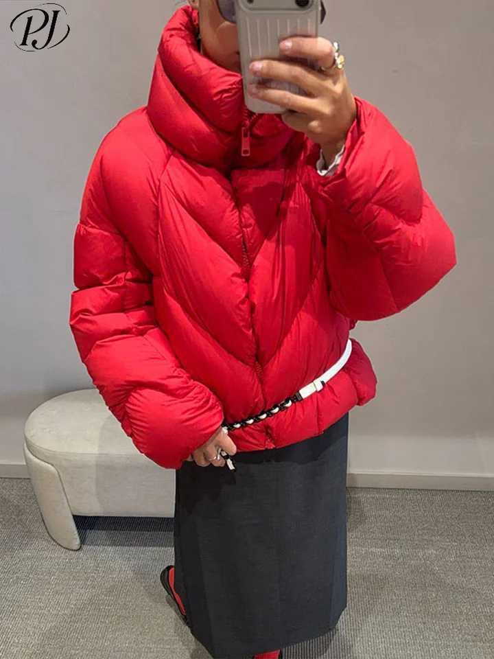 Women's Down Parkas Solid Cropped Puffer Jacket Stand Collar Zipper Closure Quilted Padded Loose Fit Long Sleeve Warm Coat 2026 Casual Winter C