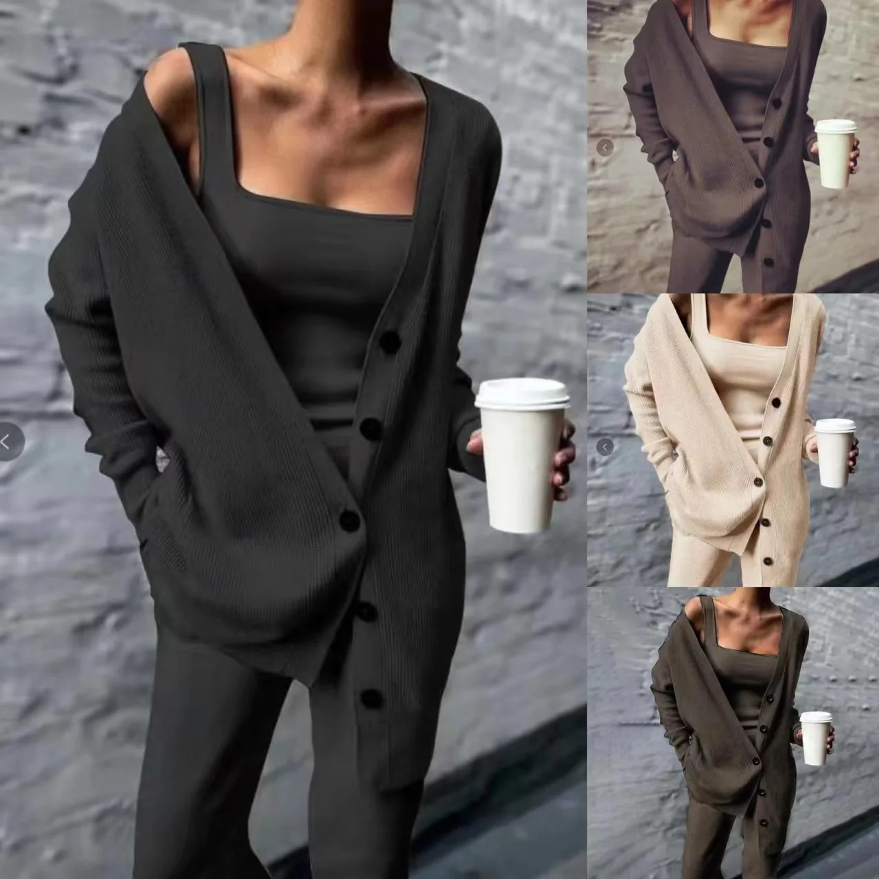 Women Solid Knitted 3 Pices Set Cardigan Tops Tank Top And Casual Loose Long Pants Chic Suit Tracksuit Fall Winter 261016