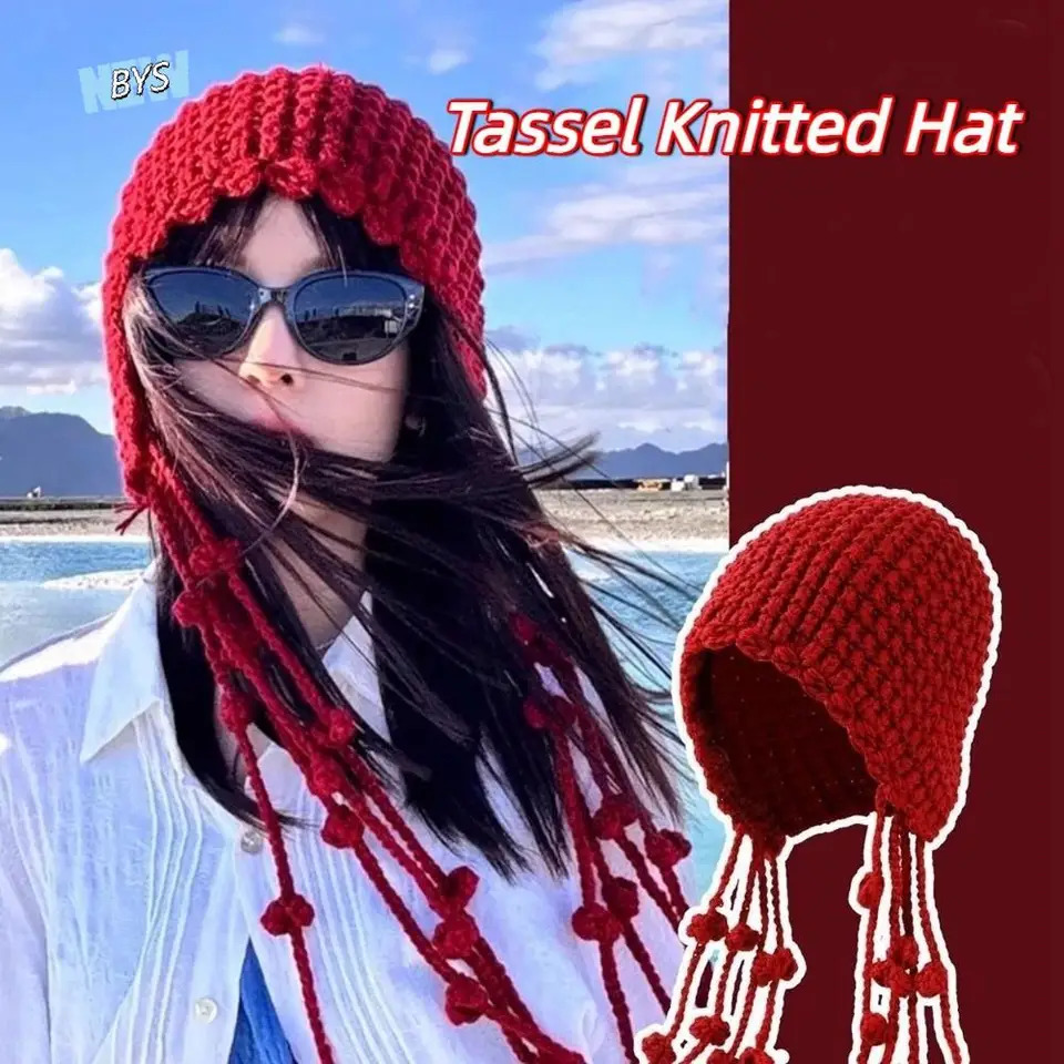 Fashion Tassels Crochet Knitted Hat Hollow Out Handmade Knit Cap Bohemian Style Korean Weave Girls 260928