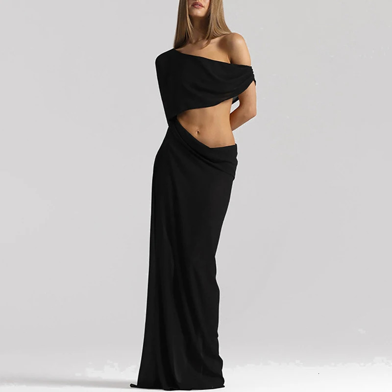 Elegant Evening Party Long Dresses Women One Shoulder Solid Maxi Dress Casual Long Sleeve Cutout Waist Ruched Floor Length Dress 261015