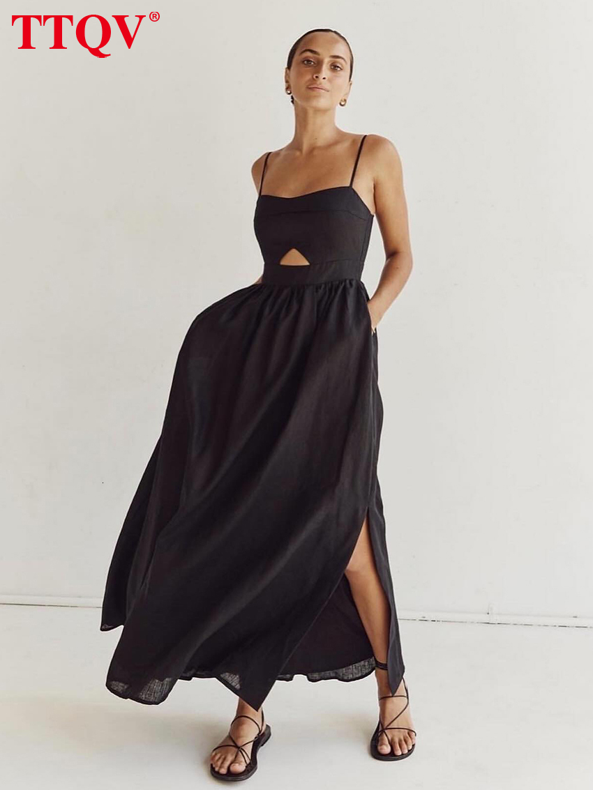 Sexy Loose Black Cotton Womens Dresses 2026 Summer Strap Sleeveless Ankle Length Elegant Hollow Out Female Dress