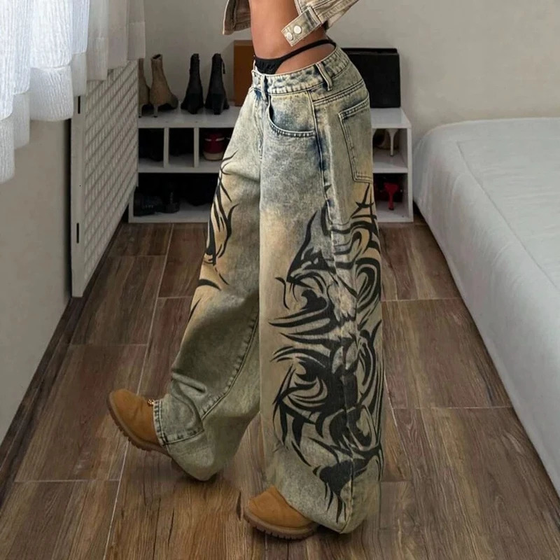 2026 Summer Vintage Mud Fade Jeans Side Abstract Tribal Print High Waist Loose Wide Leg Euro American Daily Casual Pants 261017