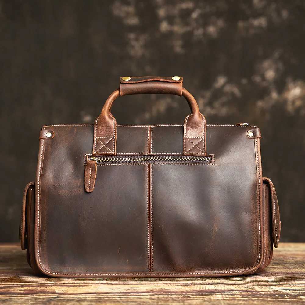 Designer Leather Totes NUPUGOO Vintage Genuine Men's Briefcase Crossbody Bag Crazy Horse Leather Handbag with 16-inch Laptop J261016