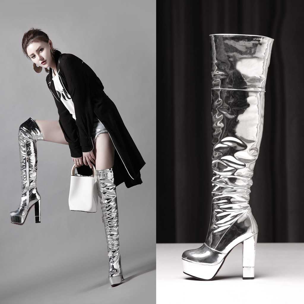 2026 new spring and autumn collection: chunky-heeled, round-toe, side-zip, over-the-knee boots, silver, thick-soled, long boots, plus-size women