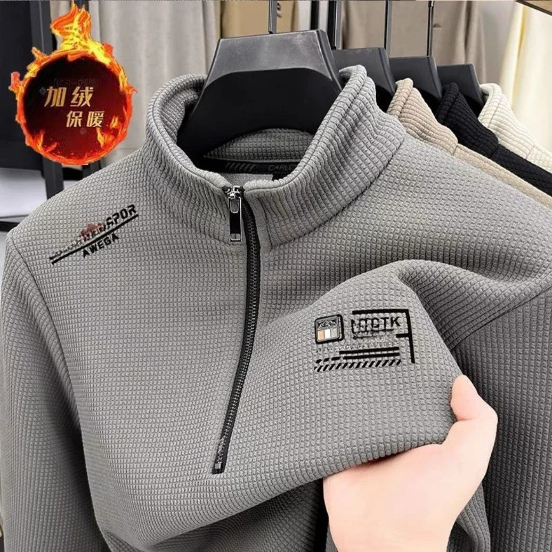 Mens Fleece Liner Sweatshirts Vintage Half Zipper Print Plaid Texture Thick Wool Warm Pullover y Turtleneck 261016