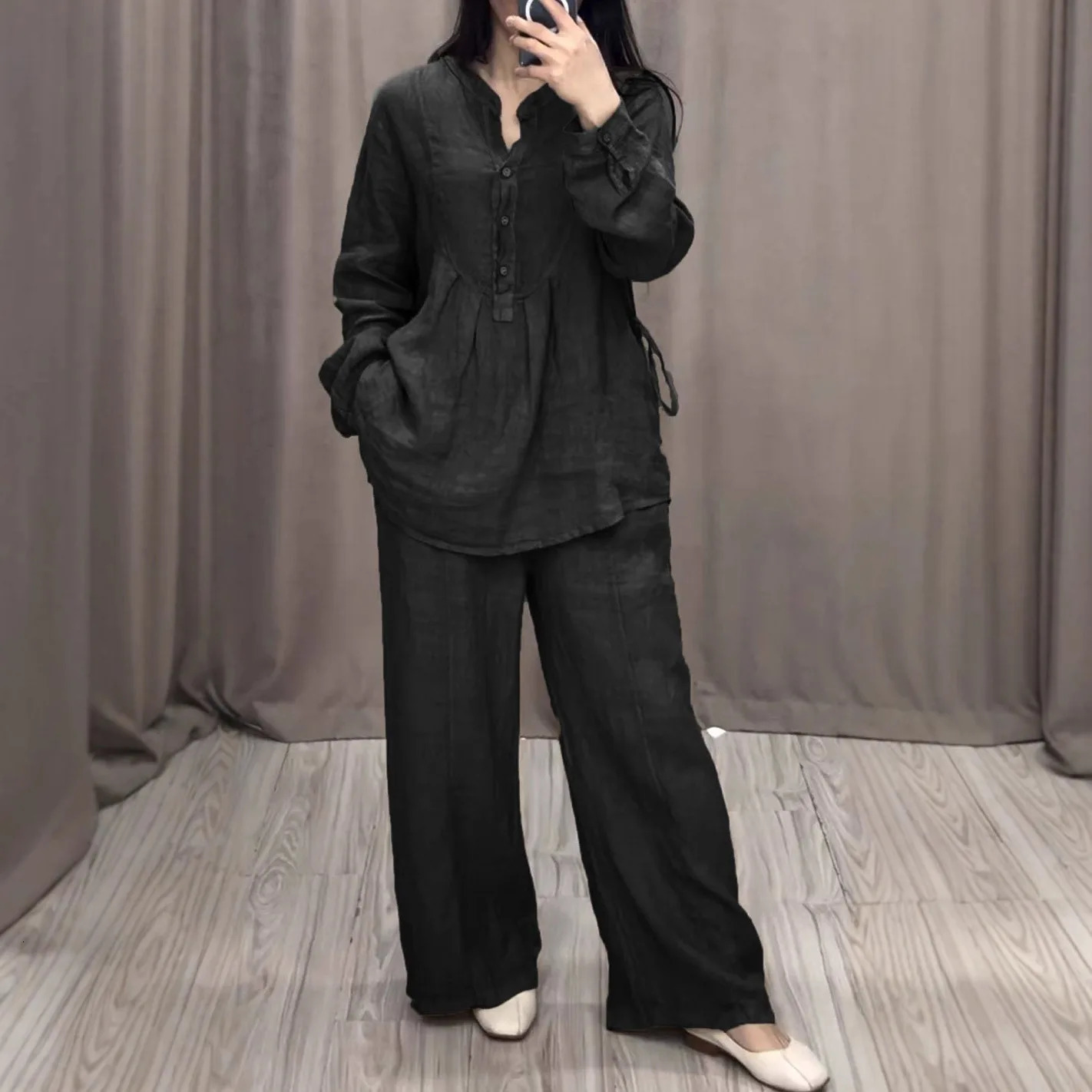 Oversized Loose Women's Sets Two 2 Pieces Sale Casual Button Long Sleeve Lace Up Blouse Wide Leg Trousers Suits NMD-3036 261015