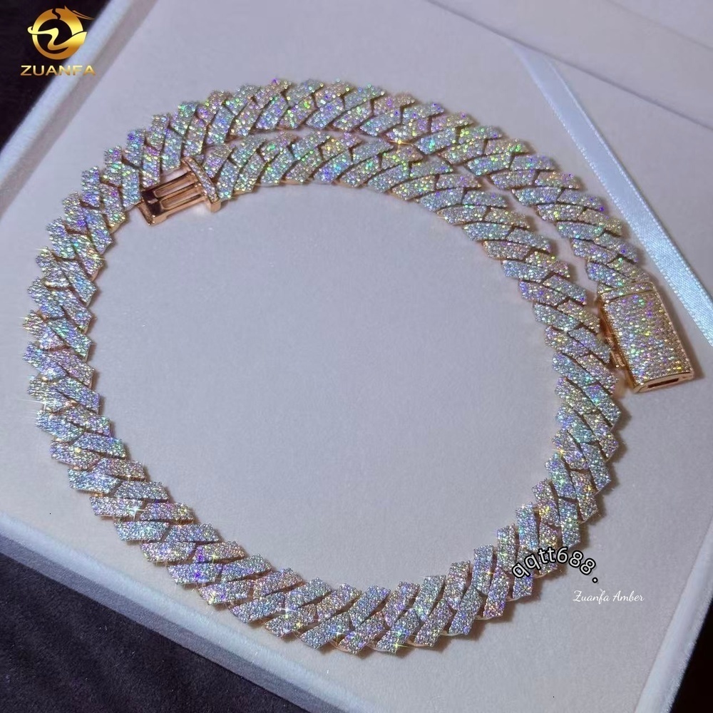 S925 Silver Base Two Tone 14K White Rose Gold VVS Moissanite 14MM Diamond Cuban Link Chain Necklace