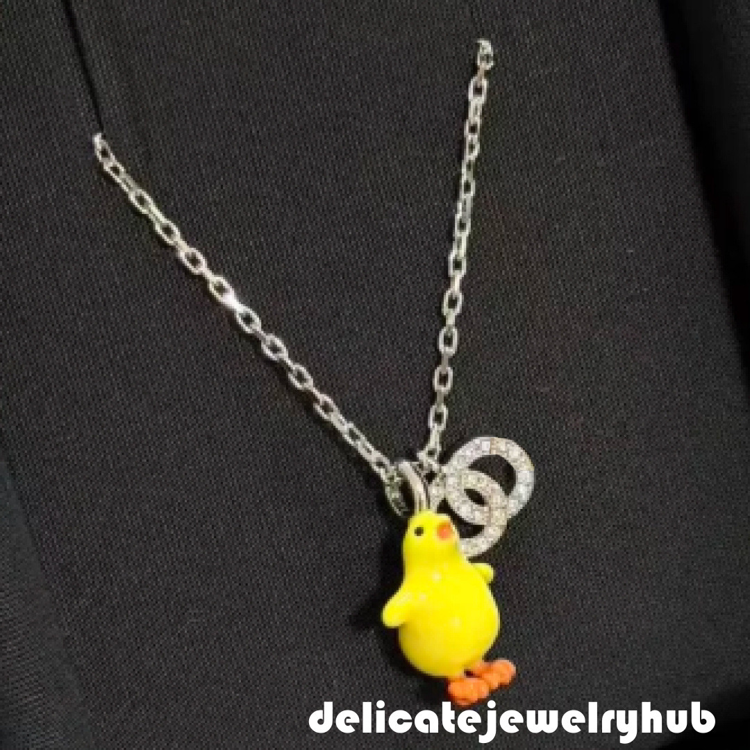 Designer Jewelry cc Necklace Fun Cartoon Yellow Chicken Pendant Necklace Silver Diamond-Studded Double-Ring Collarbone Chain Cute Accessory Channel