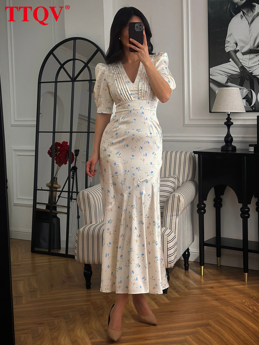 Summer Slim Print Women's 2026 Sexy V-Neck Short Sleeve Ankle Length Dresses Elegant Classic High Waist Female Dress