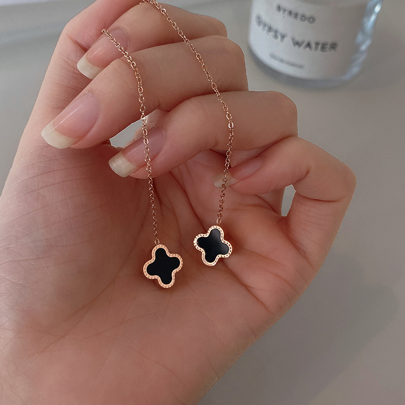 Four-Leaf Clover Tassel 18K Rose Gold, Minimalist Style, Elegant Long Earrings, Titanium Steel, Simple Design, Makes The Face Appear Slimmer