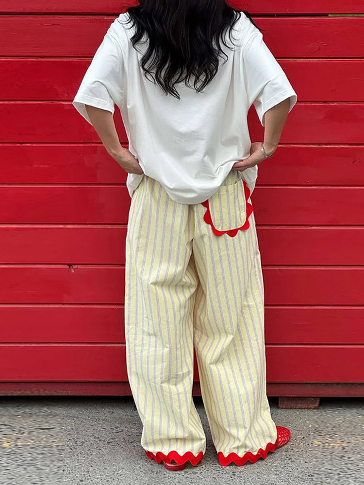 Casual Wavy Hem Women's Pant Striped Elastic Waist Big Pocket Wide Leg Pants 2026 Summer Autumn Fashion Female Trousers Bottoms 261015