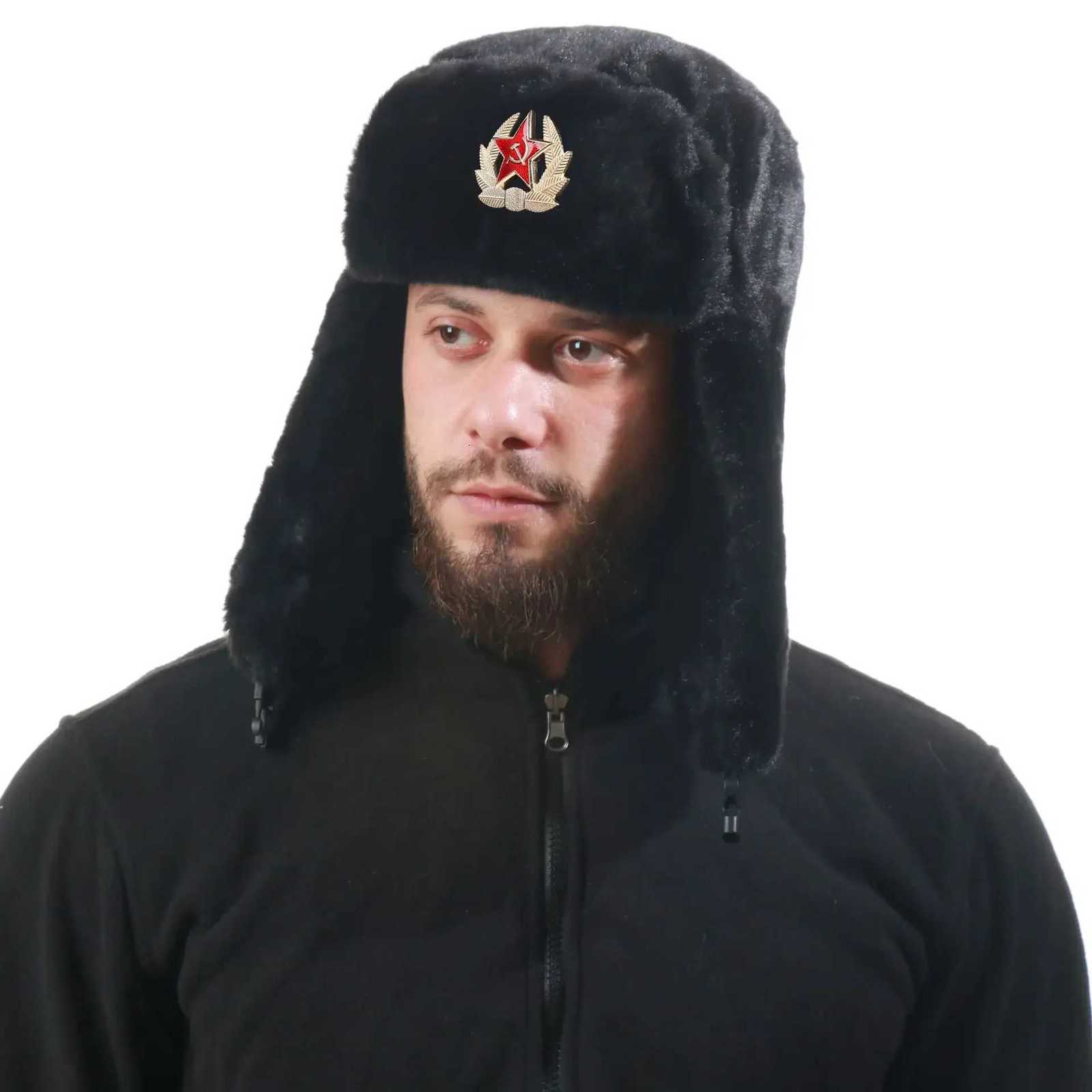 Trapper Hats Soviet Style Ushanka with Badge Military Trapper Hat with Faux Rabbit Fur Winter Pilot Cap with Ear Flaps for Men WomenT261017