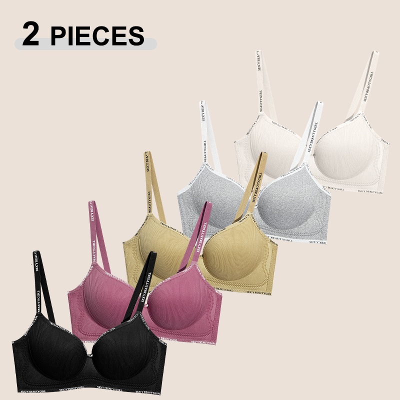 Trendy 2Pcs/Set Women's Seamless Solid Color Bras Sexy Letter Straps Wireless Push Up Underwear New Ladies Deep V Neck Brassiere dongdumaoyi