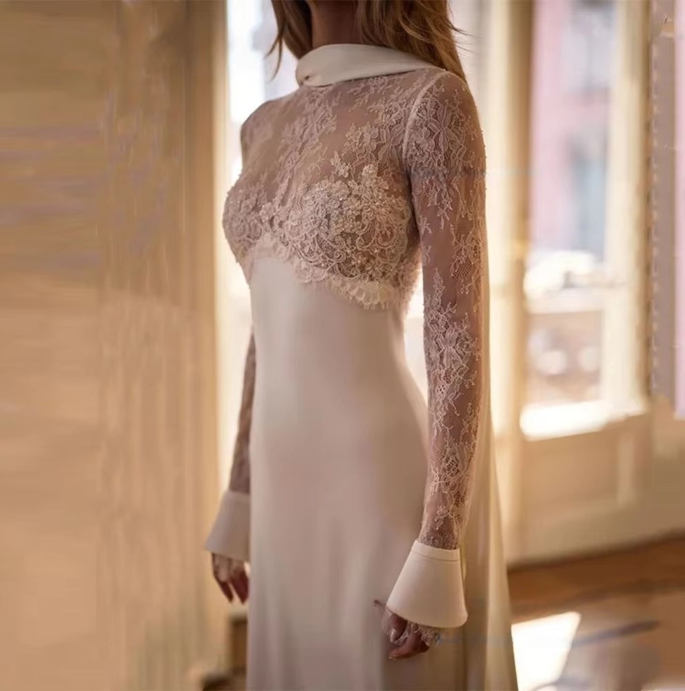 Chic Mermaid Wedding Dress O-neck Long Flare Sleeves Beads Lace Satin Boho Bride Bridal Party Formal Gowns Vestidos De Noiva