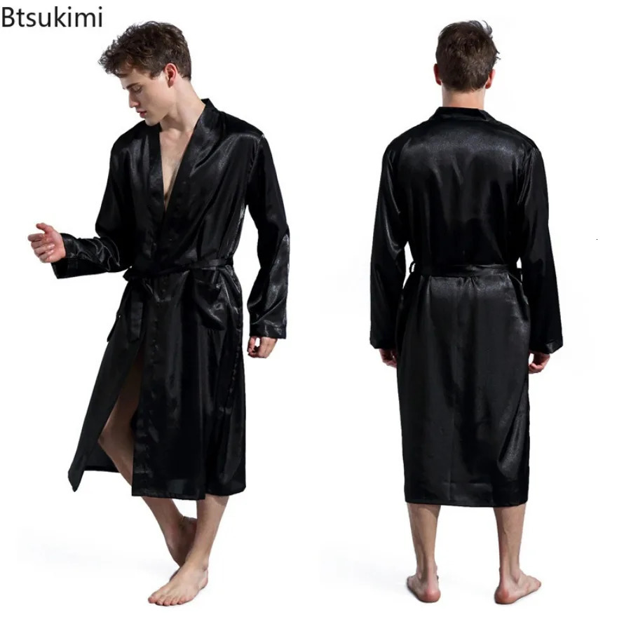 2026 Mens Silk Satin Robes Pajamas Long Sleeve Solid Sleepwear Kimono Male Bathrobe Leisure Men Loungewear Dressing Gown 261017