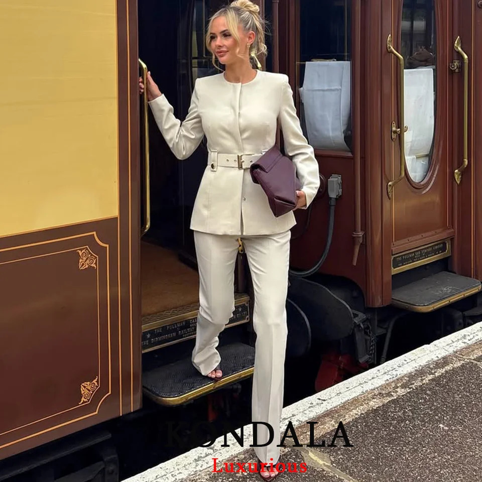 KONDALA Office Lady Chic White Women Suits O Neck Belt Blazer Straight Long Pants Fashion Autumn Spring Elegant Women Suits 261016
