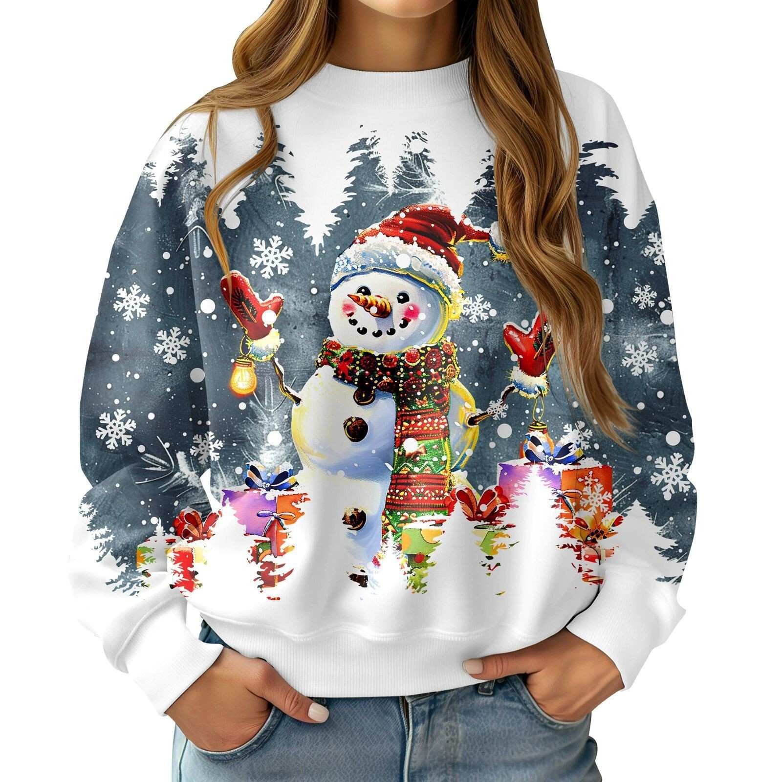 2026 Foreign Trade Women's Christmas Elements 3D Printed Snowflake Deer Snowman Shiny Versatile Sweatshirt Streetwear Top Free Shipping