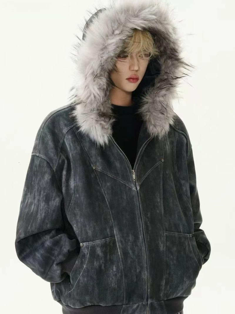 Men's Jackets American Winter Camouflage Fur Hooded Jacket Men Outerwear Thick Short Parkas Coat Faux Collar Casual Aesthetic Retro 0a