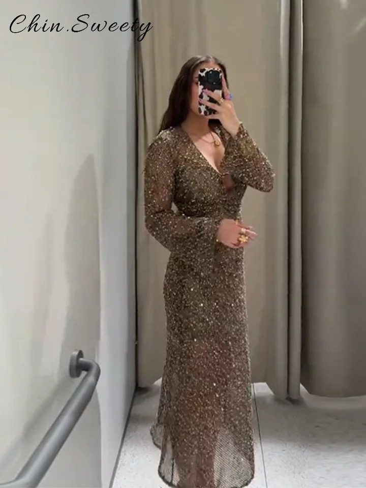 Sexy Sequined Long Pleated Dress Women Solid Deep V-neck Full Sleeve See Through Dresses Summer Lady Party Evening Robe 261016