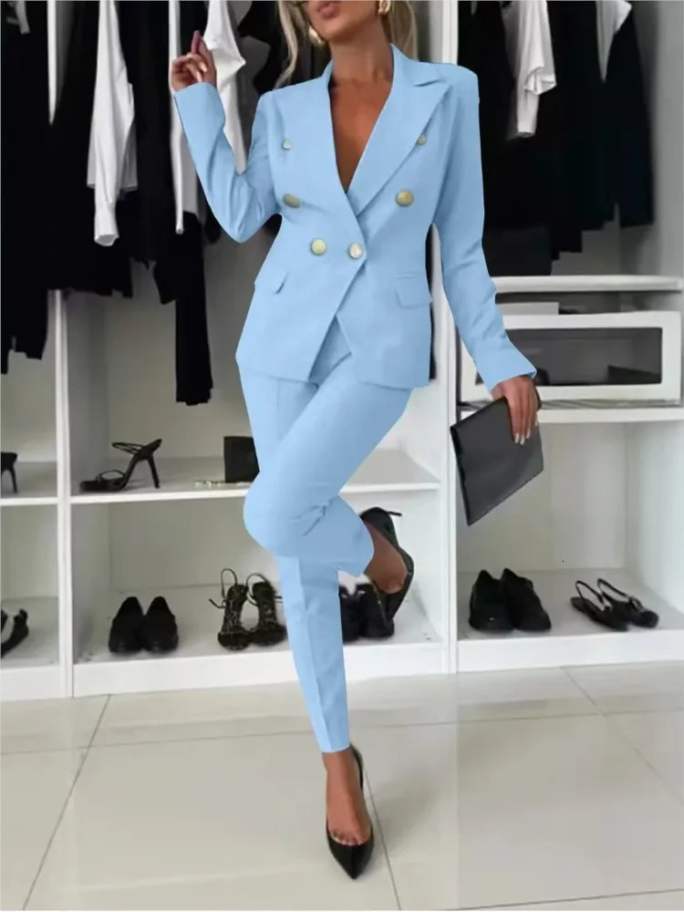 Fashion Double-breasted Long-sleeved Suit Set Women Autumn Winter Slim Fitting Small Leg Long Pants Female Office 2piece Set 261016
