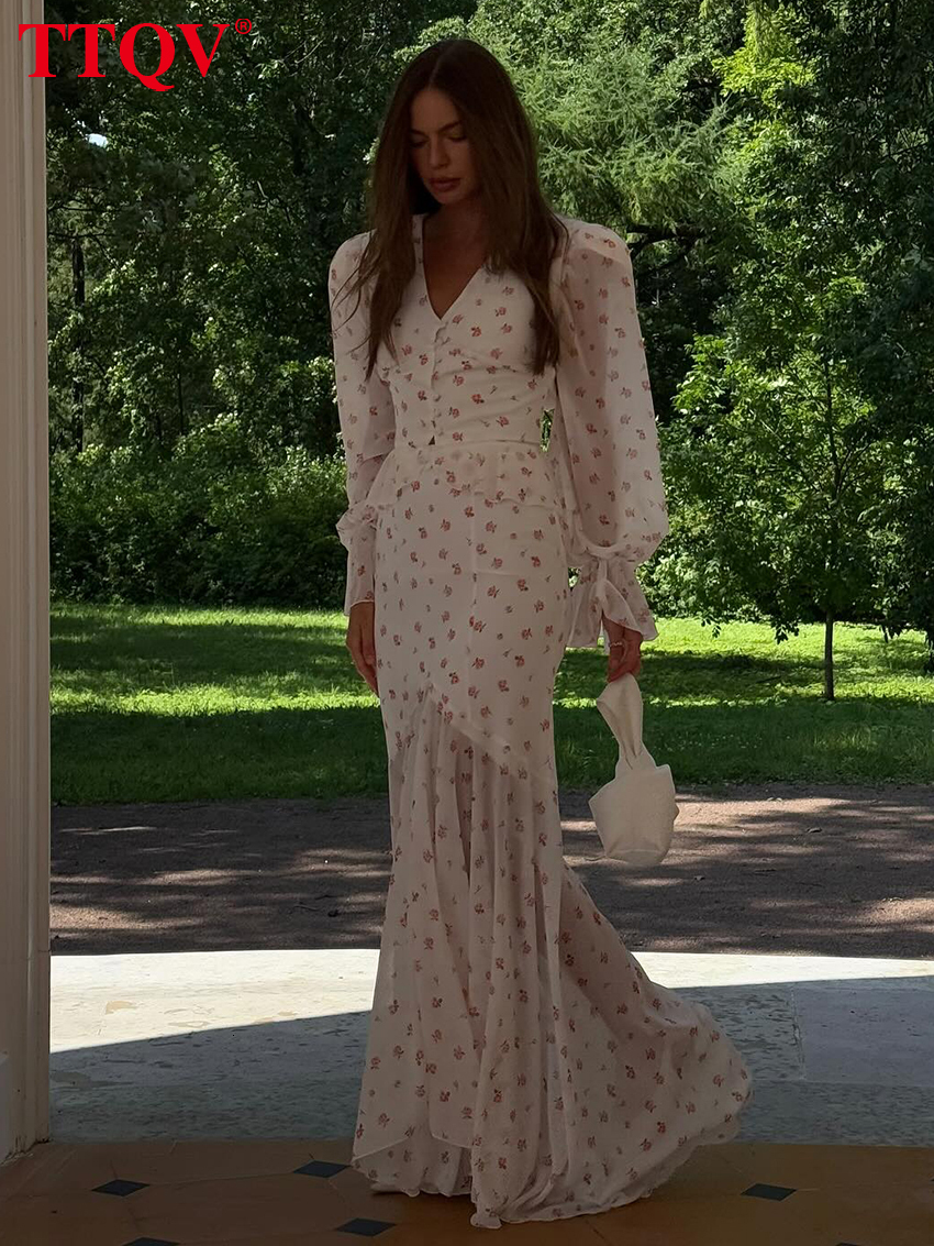 2026 Fashion White Print Woman 2 Piece Set Outfit Elegant V-Neck Long Sleeve Button Shirts + High Waist Floor-Length Skirts Sets