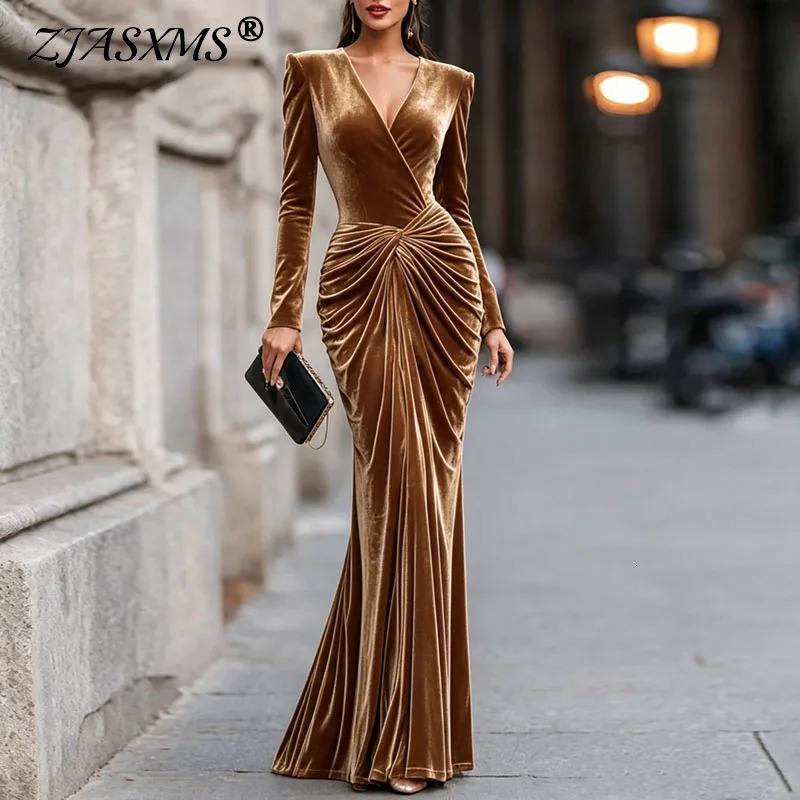 Deep V Neck Velvet Mermaid Dress Women Long Sleeve Solid Twist Ruched Bodycon Maxi Gown Formal Prom Wedding Formal Party Dresses 261015