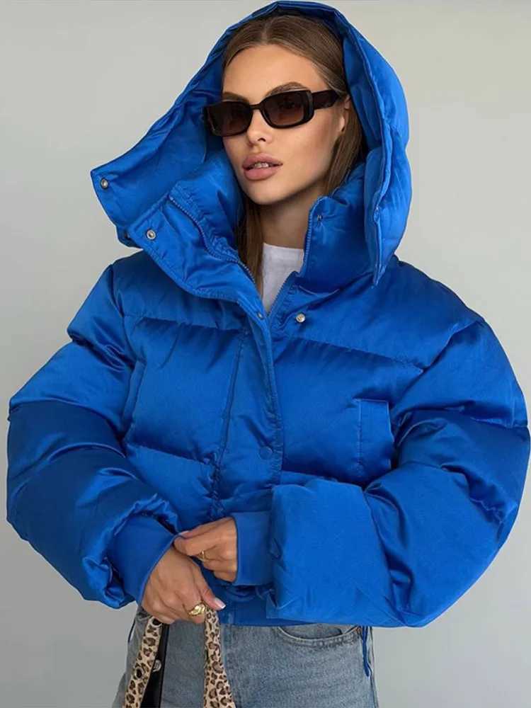 Women's Down Parkas Women's Cropped Puffy Jacket Detachable Hood Drawstring Waist Drop Shoulder Long Sleeve Loose Padded Winter Down Jacke