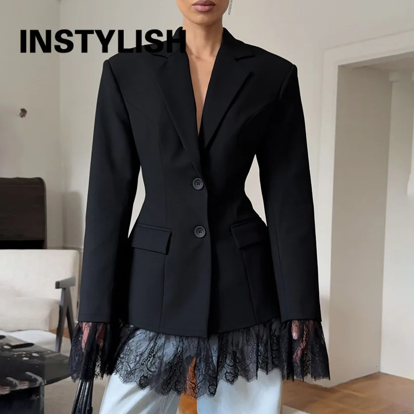 Women Lace Patchwork Blazer Jacket 2026 Notched Lapel Single Breasted Long Sleeve Slim Fit Black Suit Coat Office Outerwear 261015