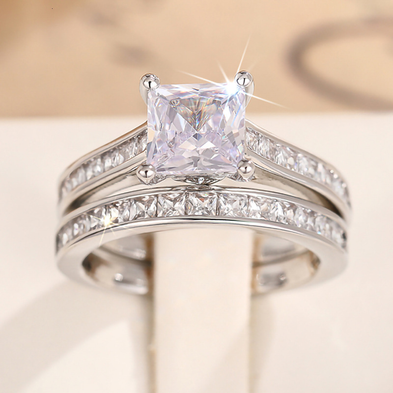 Huitan Stackable Elegant Square Geometric Couple Rings Women, Fashionable Unique Cubic Zirconia Ring, Perfect For Engagement And Banquets