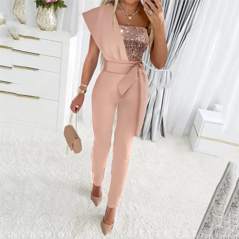 Women's Sequins Patchwork Bodycon Jumpsuit Summer Elegant Fashion One Shoulder Prom One Piece Belt Trouser Overalls Jumpsuits 261015
