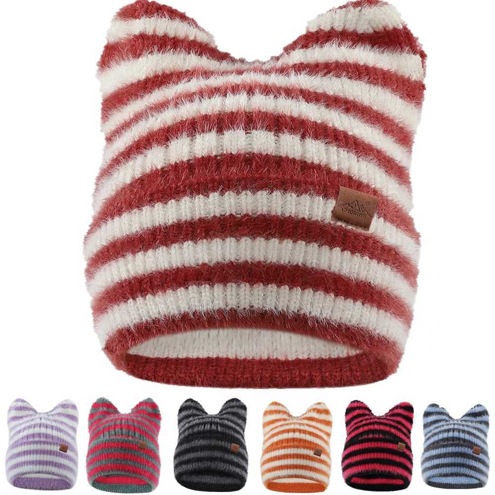 Beanie/Skull Caps Hot Sale Women Y2K Beanie Hat Soft Warm Beanie With Cat Ear Stripes Design Fashion Outdoor Warm Hat Beanie Warm Cap For GirlT26101