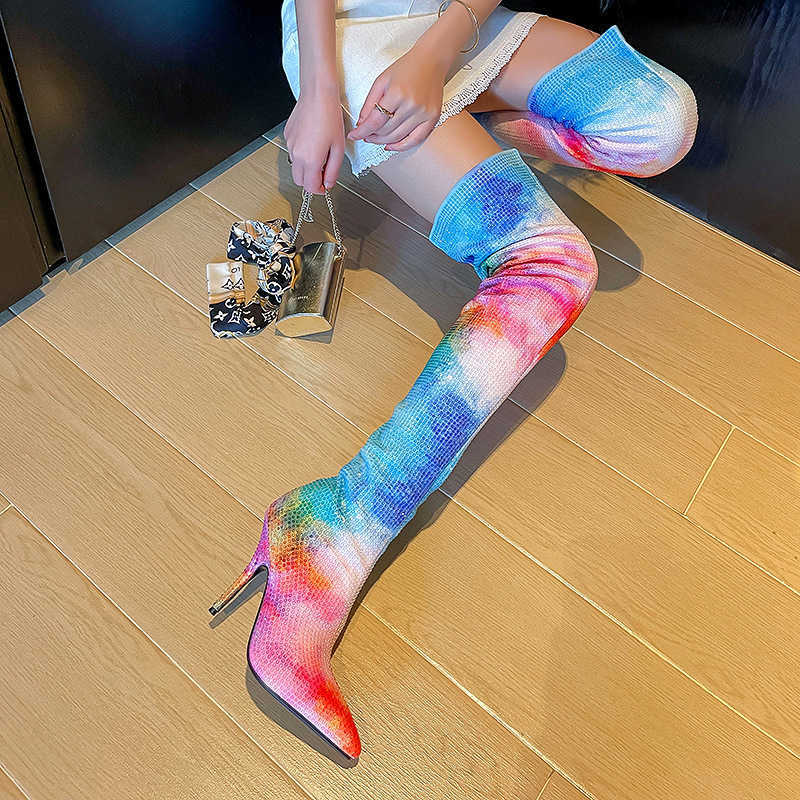 2026 Winter New Pointed Toe Stiletto Heel Rhinestone Colorful Fashion Runway Oversized Over-the-Knee Long Boots for Women