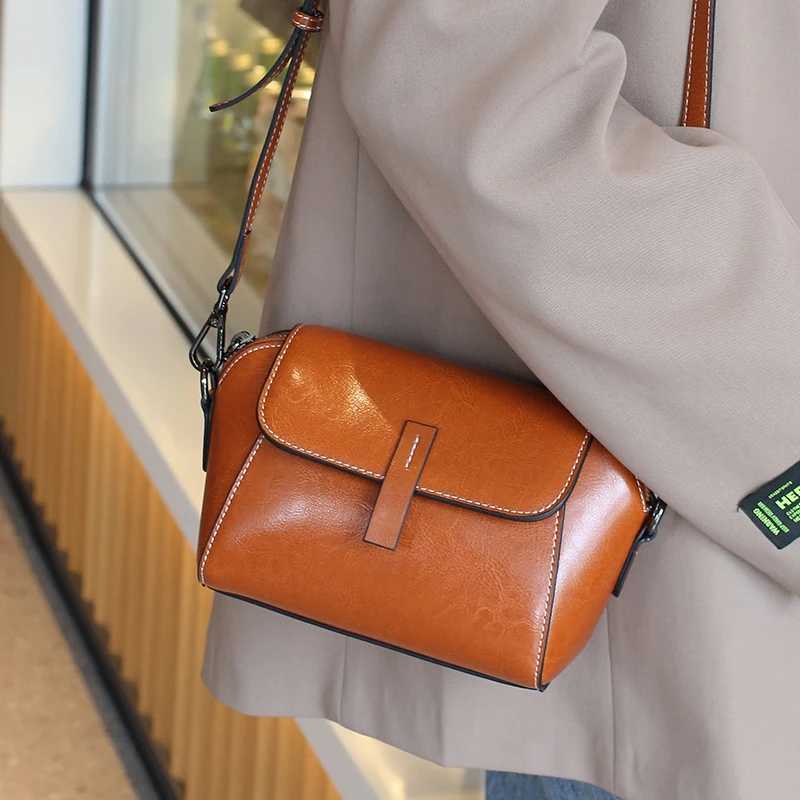 Cross Body 2025 New Female Oil Wax Cowhide Genuine Leather Crossbody Bag Fashionable Versatile Shoulder Shell Handbag Lady Casual Phone Bag H261016